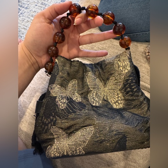 Handbags - Black and Gold Butterfly Embroidered Bag With Beaded Handle